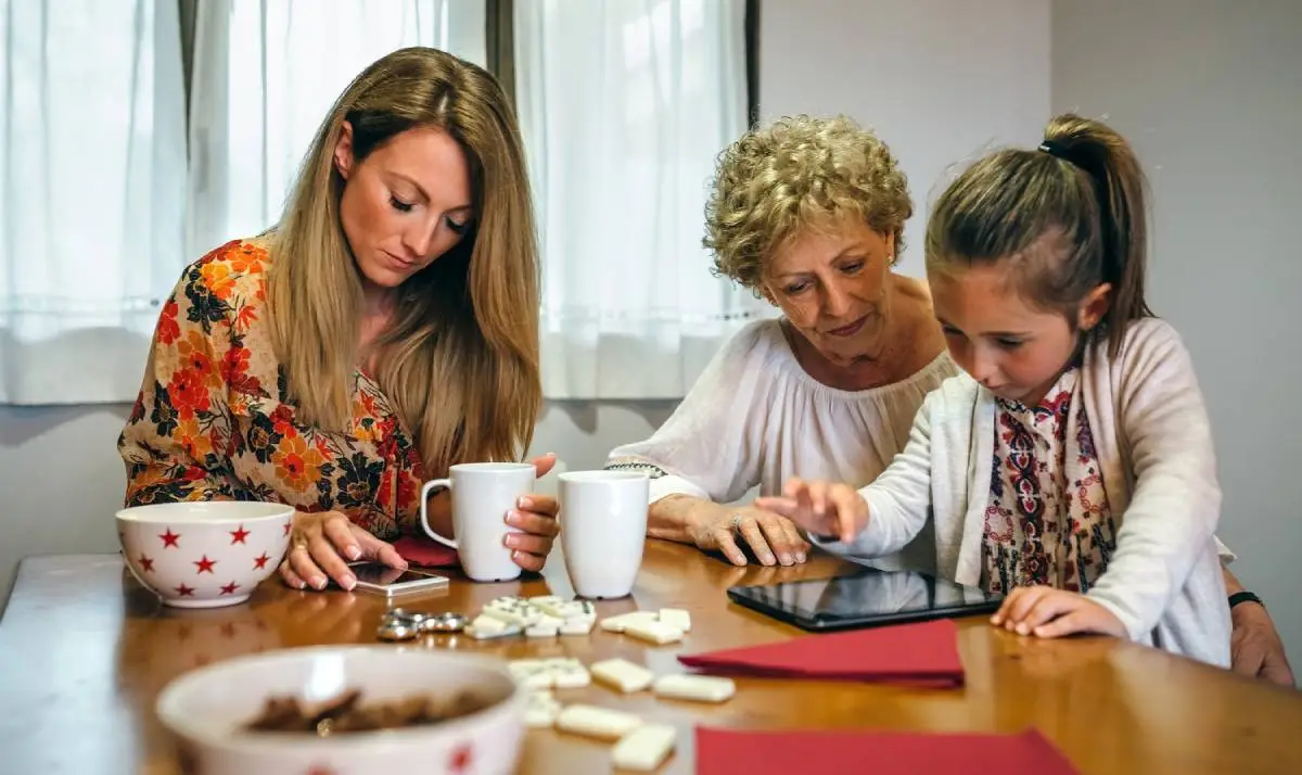 A family bonding with Grandmother, Daughter, and granddaughter enjoying each other's company.