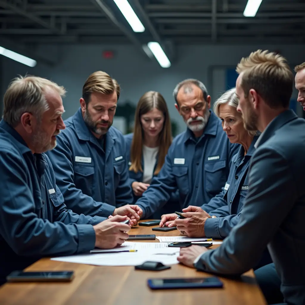 A group of workers talking to each other cooperatively.
