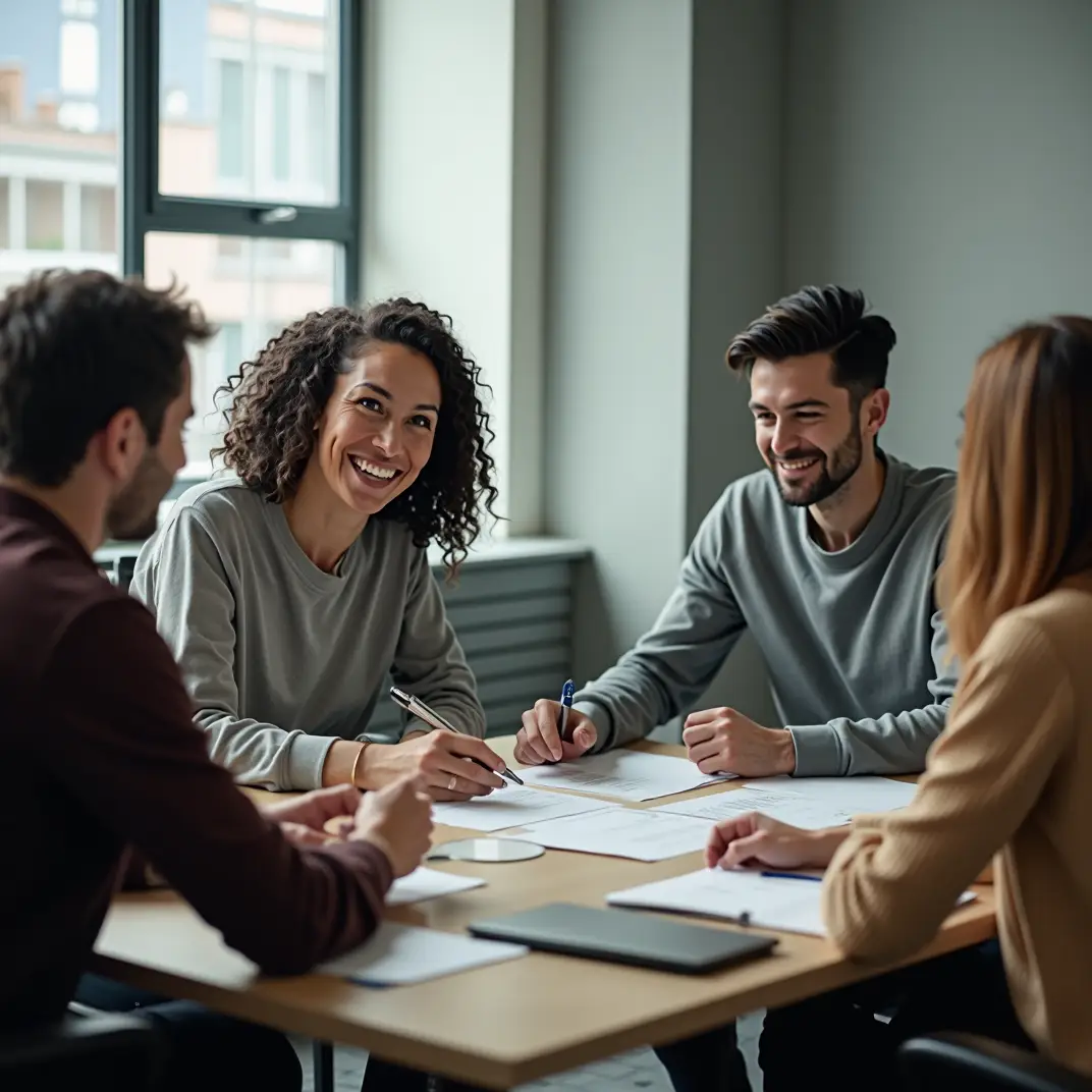 A group of people learning together and smiling with papers on a wooden table.