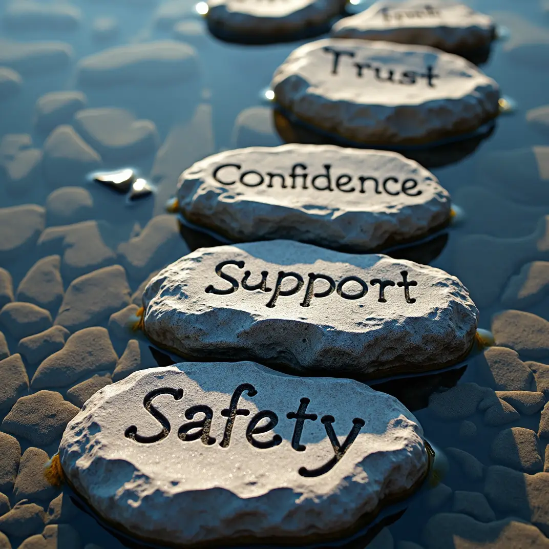 stepping stones with the words, safety, trust and confidence on them