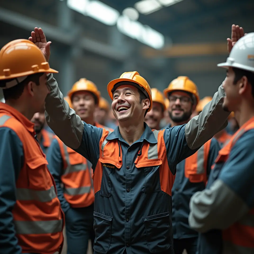 A group of construction workers celebrating with one at the center with both his hands up in the air.