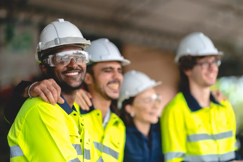 professional industry engineer and factory foreman worker team person wearing safety helmet hard hat, technician people teamwork in work site of business construction and manufacturing technology job