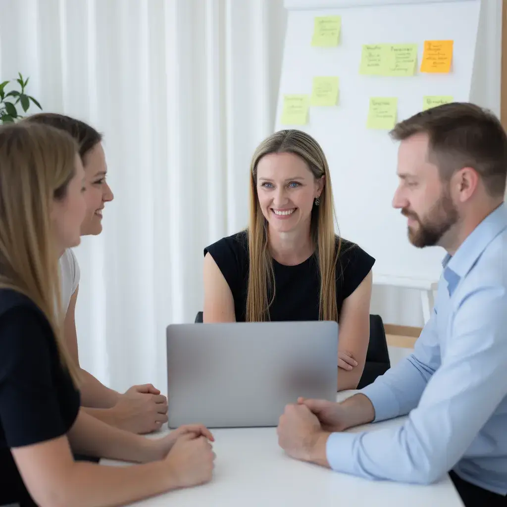 linda benny change management specialist in a meeting with three people in an office.