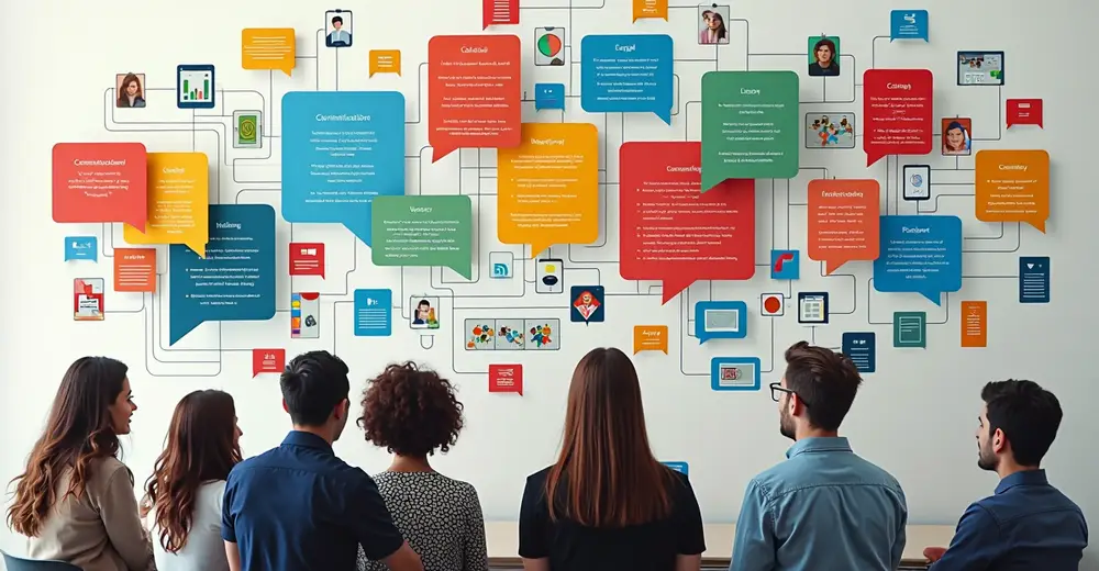 Four people facing a wall with different colored chat bubble with different messages.