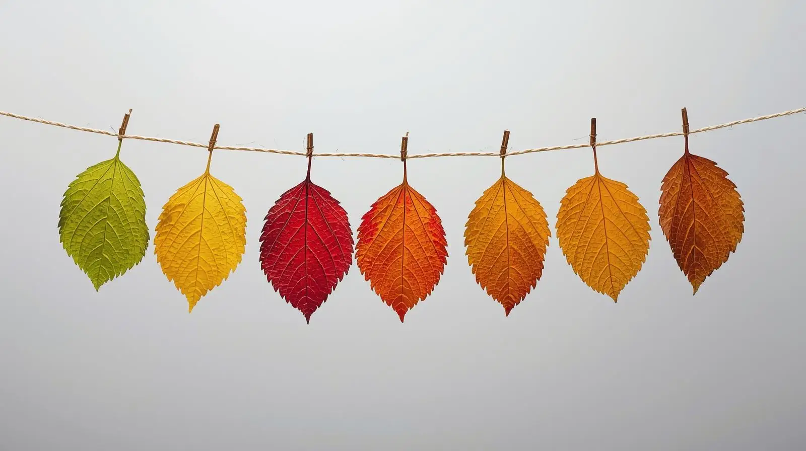 7 leaves with different colours from green to orange (autumn leaves lifecycle) hanging by a thread in a pastel grey background.