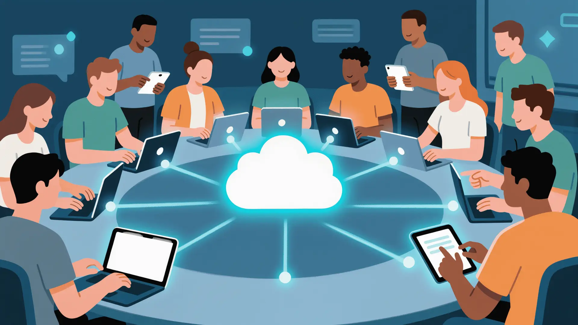 Collaborative team of project, change, test, and business professionals working together on a technology project, symbolising trust, communication, and human connection in digital transformation.